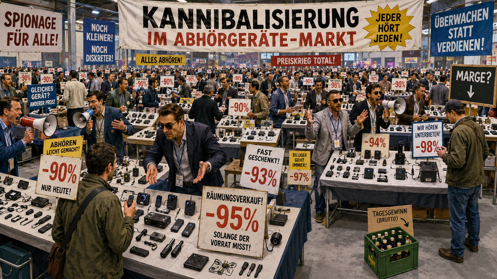 Satirische Illustration zur Kannibalisierung im Abhörgeräte-Markt